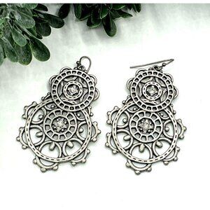 Vintage-Style Silver Tone Filigree Dangle Earrings With Rhinestone Accents
